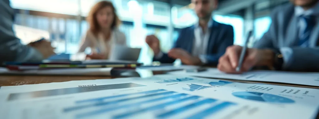 business professionals gathered around a table, pointing to a chart showing success stories of clients who benefited from quality bail bond guidance.