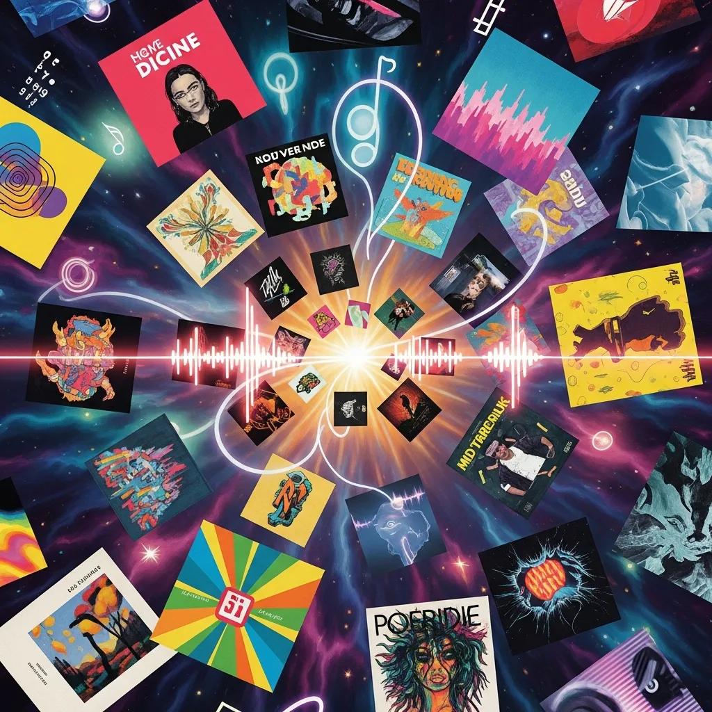 Collage of album covers from emerging indie artists, symbolizing the excitement of discovering new music on various platforms