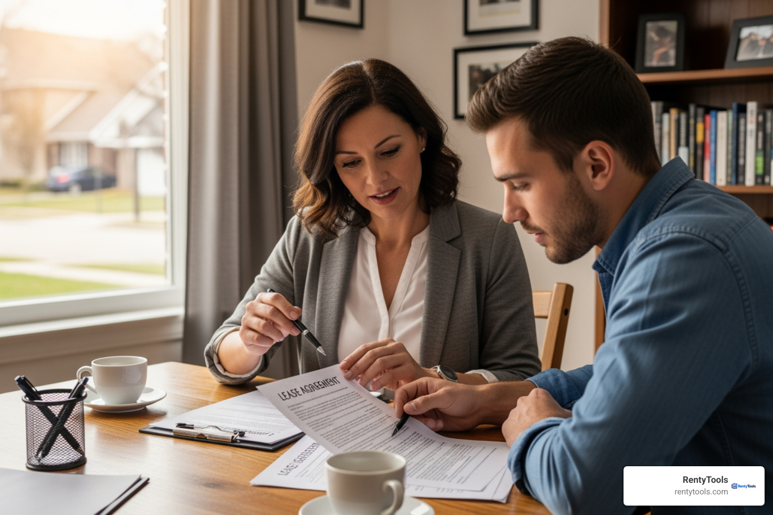 Landlord and tenant sitting at a table reviewing a printed lease agreement together