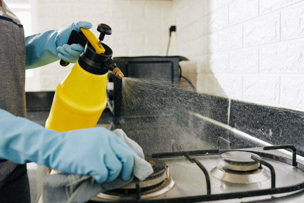 Housewife cleaning kitchen stove