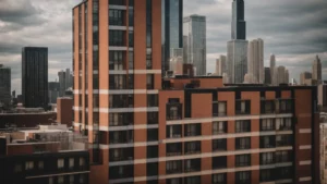 a well-maintained apartment building stands proudly against the chicago skyline, symbolizing the care and expertise of professional property management.