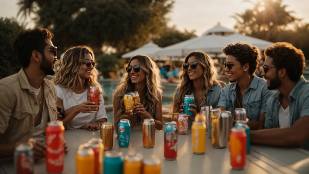 a group of friends cheerfully toasts with colorful cans by the poolside during sunset.
