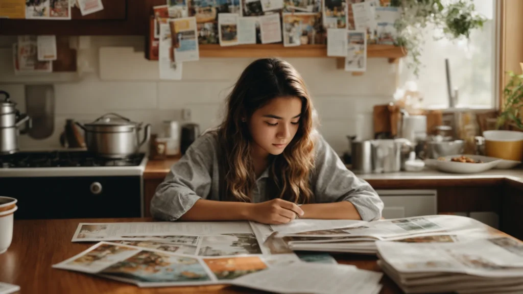 a teenager sits at a kitchen table surrounded by college brochures, deeply engrossed in planning her future.
