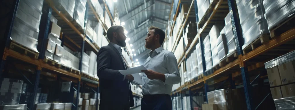 business professionals analyzing a diagram of a warehouse racking system.