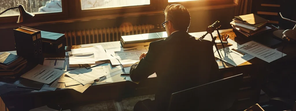 a professional businessperson sits at a desk, surrounded by paperwork and a computer, with a large anchor symbolizing the complexity of navigating bail bonds.