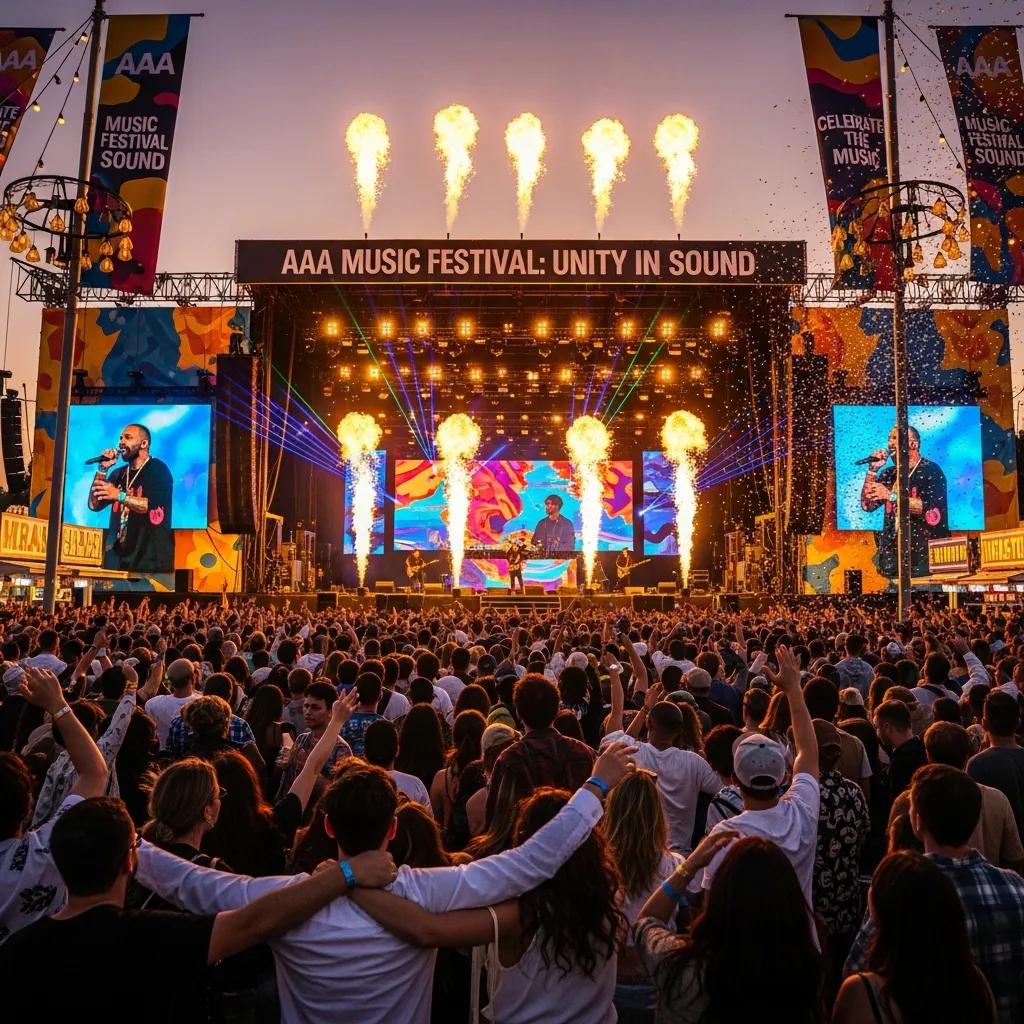 Crowd enjoying a music festival with AAA artists performing on stage