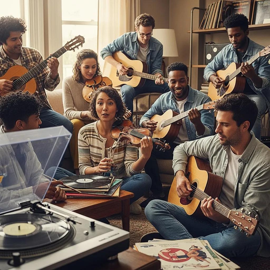Group of friends enjoying music in a cozy living room with a record player and instruments, representing the essence of AAA radio.