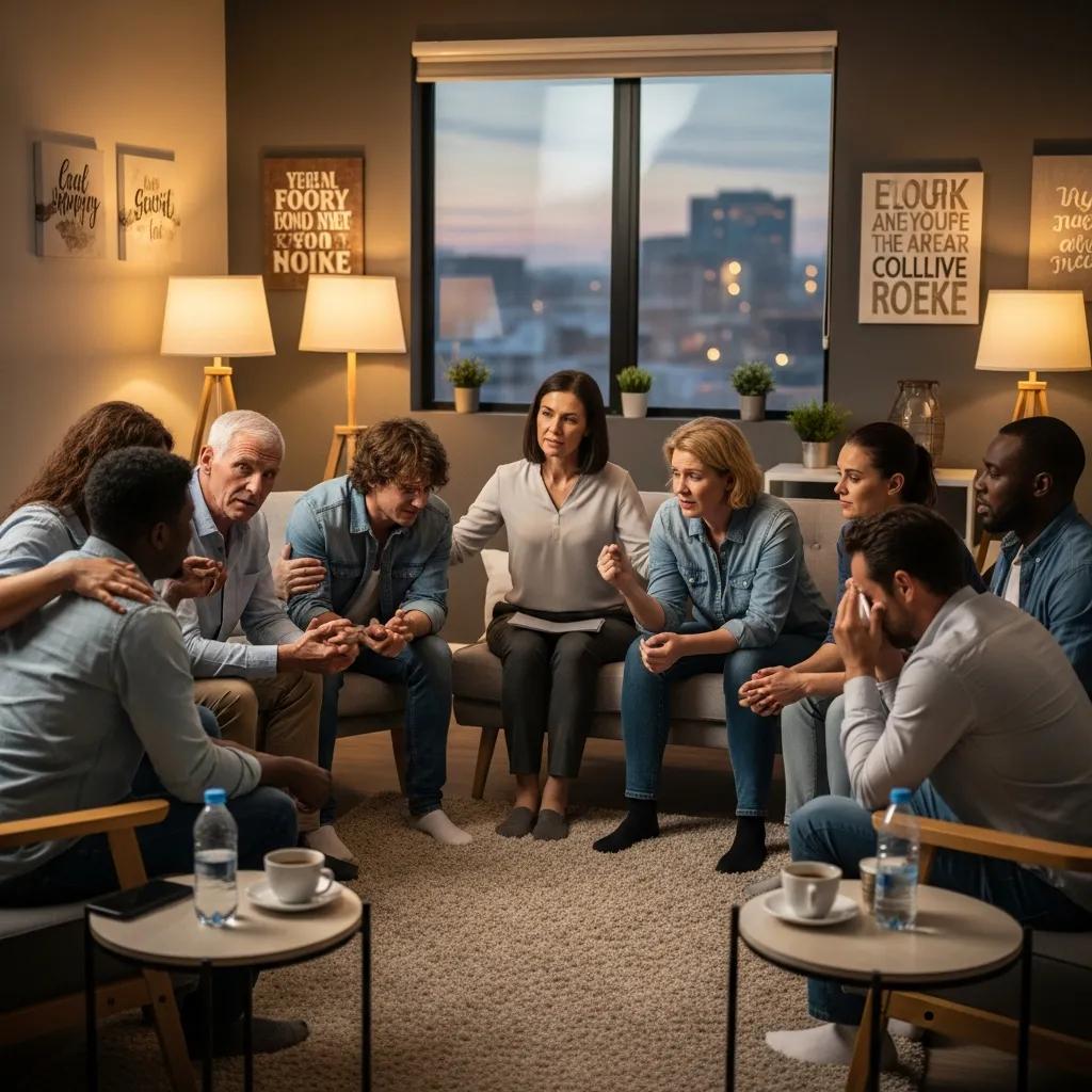 Supportive group therapy session illustrating common detox symptoms and emotional support