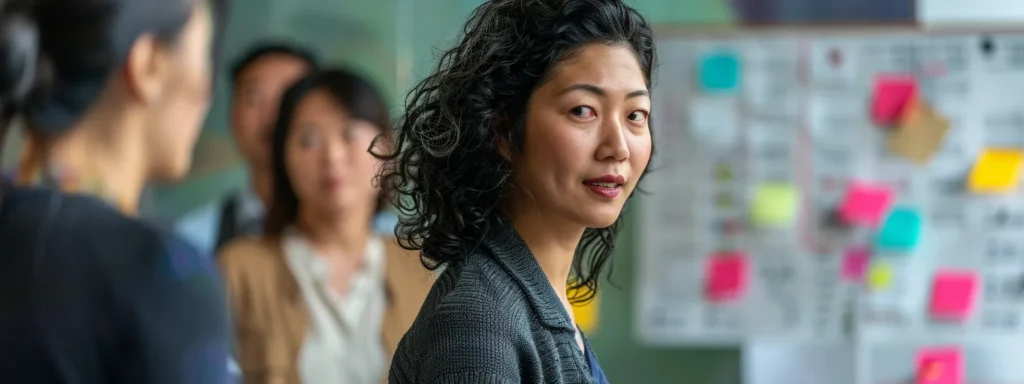 a professional woman reviewing a kanban board with a group of busy parents.
