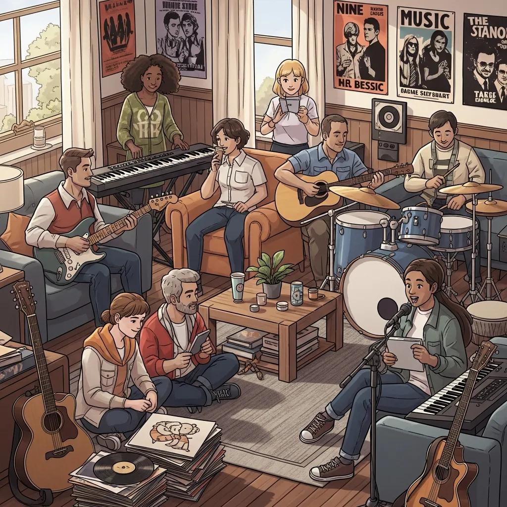 Group of friends enjoying AAA radio music in a cozy living room with musical instruments and indie band posters