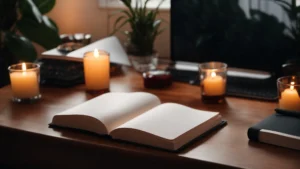 a cozy desk setup with a glowing candle and open notebook invites relaxation and reflection.