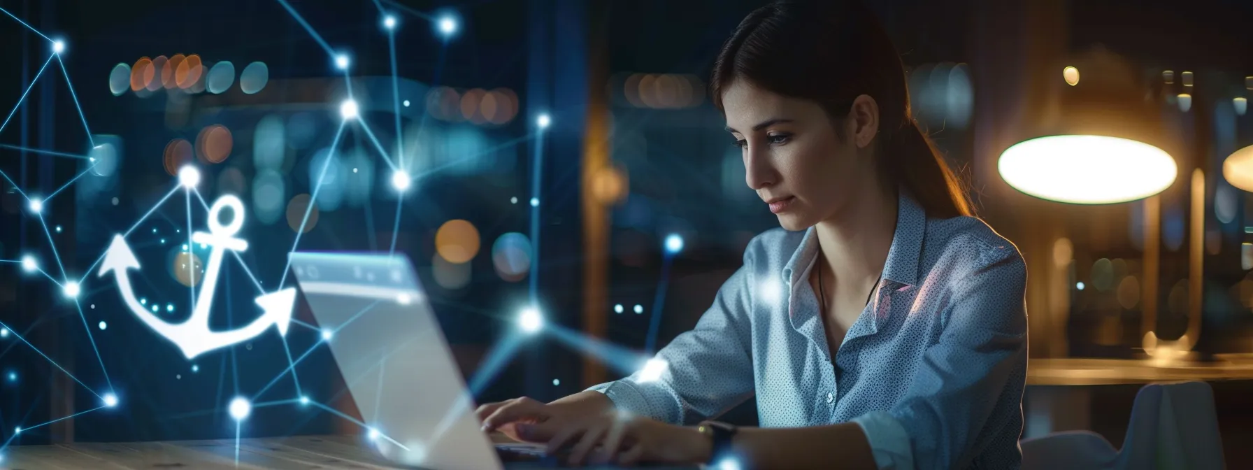 a professional businesswoman engaged in an online course with a laptop and anchor symbol in the background.