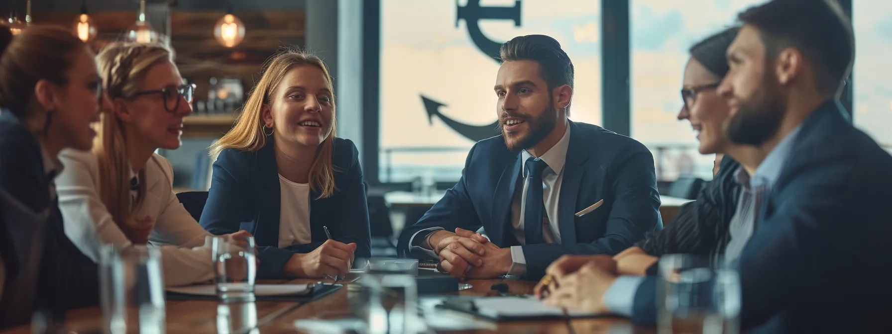 group of professionals in business attire discussing online courses and career advancement outcomes next to an anchor symbol.