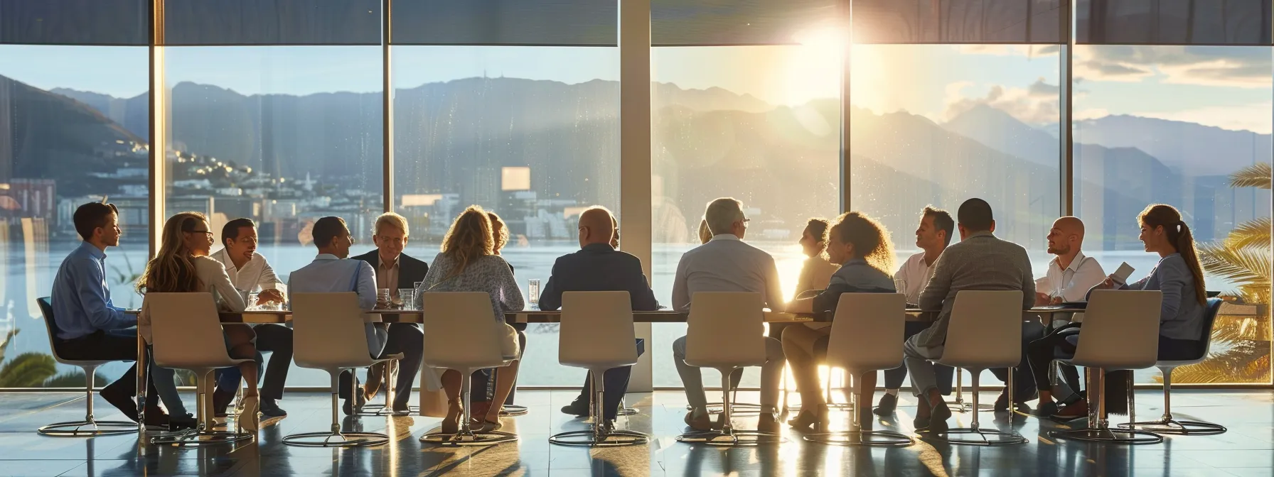 How eDISC Enhances Team Collaboration for Remote Work 3 a group of professionals engaged in a lively discussion around a table with a large anchor as the focal point.