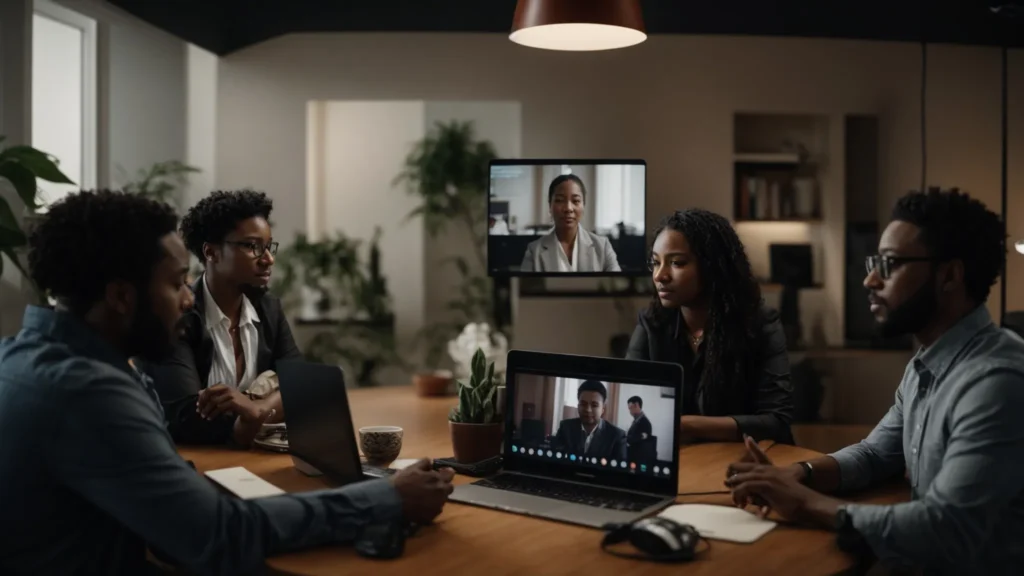 a team of diverse professionals engages in a virtual video meeting from their home offices.