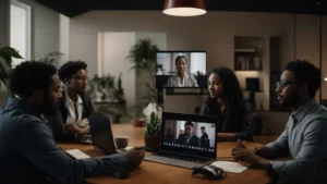 a team of diverse professionals engages in a virtual video meeting from their home offices.
